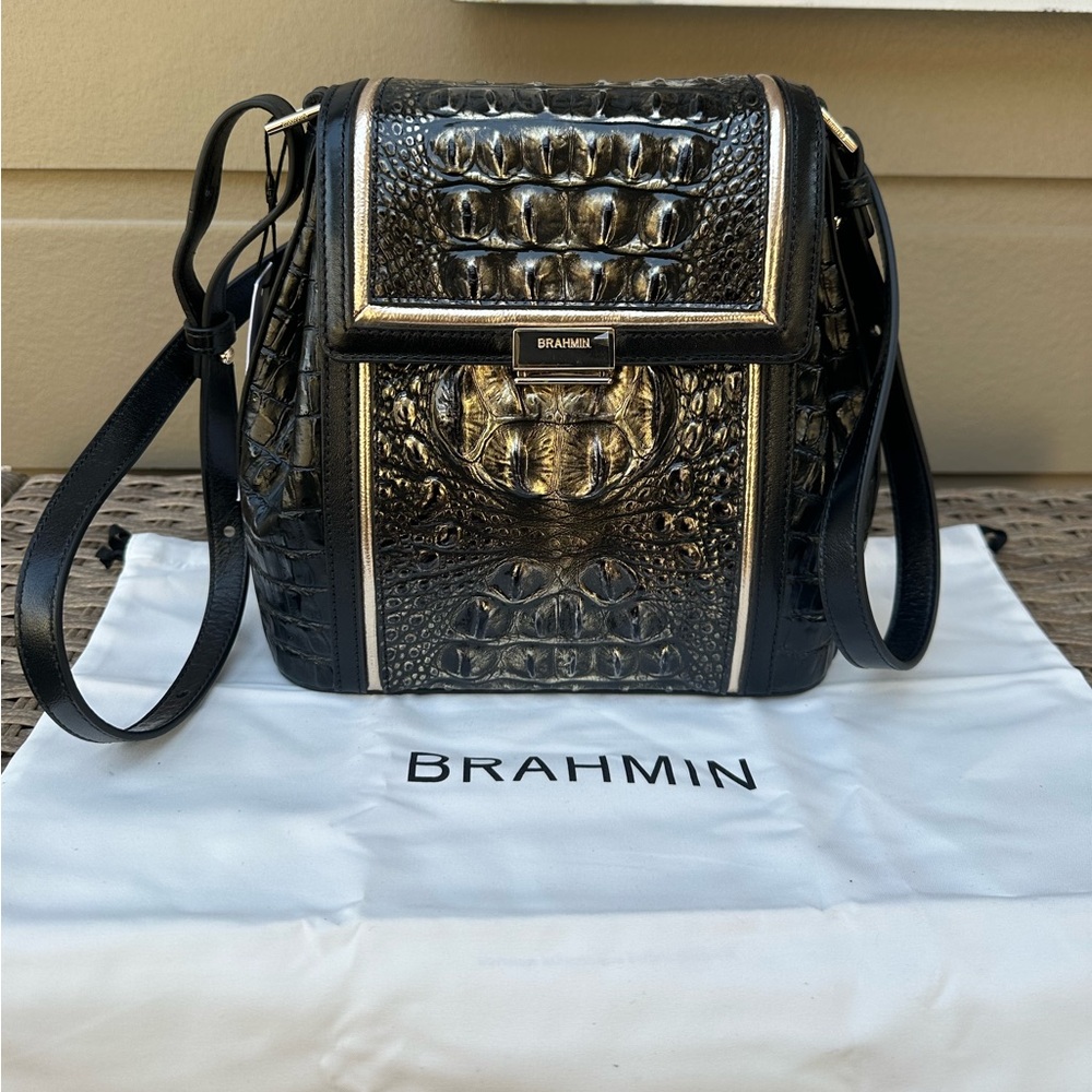 Brahmin Black and Gold Crossbody Bag with Intricate Metalwork